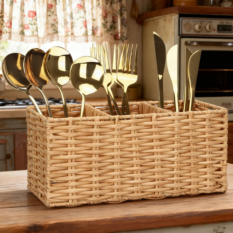 Porte-couverts et couverts tissés | Rangement pour argenterie avec cadre en acier | Rangement d'ustensiles de cuisine à 3 compartiments pour comptoir | Conception en rotin naturel