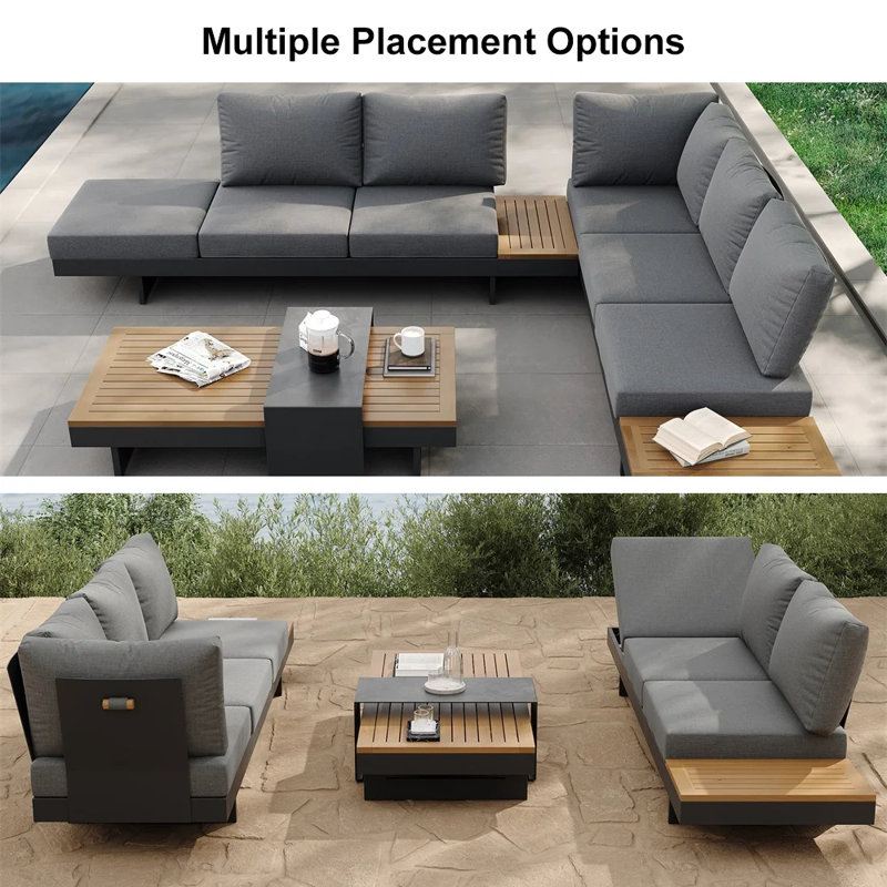 4-Piece L-Shaped Modular Outdoor Sectional Sofa Set Patio Furniture Set with Coffee Table Patio Sofa Teak & Aluminum, Gray