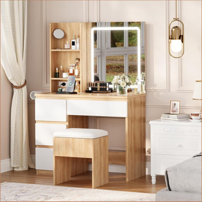 Vanity Desk With Led Mirror, Makeup Vanity Desk With 4 Drawers, Power Outlets, Storage Stool, Storage Shelves & Hair Dryer Holder , Adjustable 3 Light by Wrought Studio