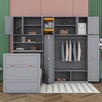 Murphy Cabinet Bed with Wardrobe and 5-Tier LED Display Shelves, Hanging Storage, and Overhead Cabinets