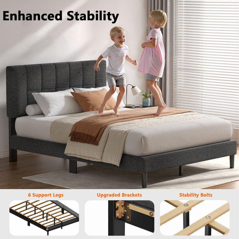 Queen Bed Frame with Adjustable Headboard, Upholstered Platform Bed Frame Queen Size No Box Spring Needed, Noise-Free, Heavy Duty, Dark Grey