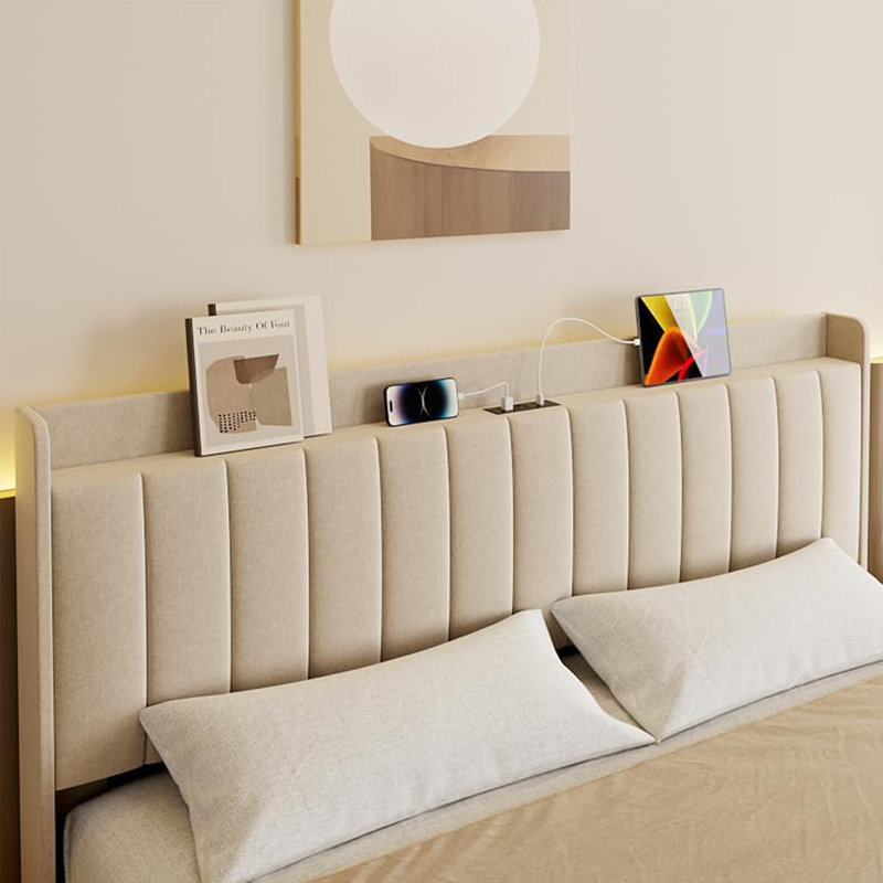 Full Size Floating Bed Frame With LED Lights, Upholstered Platform Bed Frame With Charging Station & Storage Headboard, Full