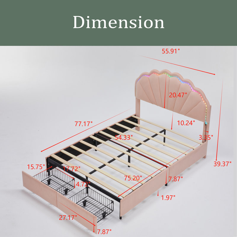 Structure de lit double pleine grandeur à DEL intelligente avec 2 tiroirs de rangement et tête de lit à deux pétales chic, lit plateforme avec lumière DEL intelligente pour les filles, aucun sommier nécessaire, rose