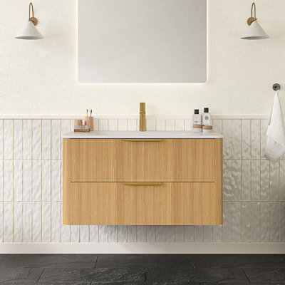 Meuble-lavabo moderne avec lavabo, armoire de rangement flottante à fines rayures et 2 tiroirs