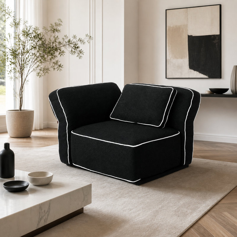 Upholstered Boucle Slipcovered Right-hand Flared Arm Sofa, Noir