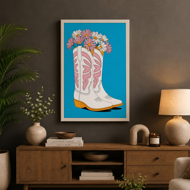 Boot Blooms Eclectic 1 Piece Wrapped Canvas Wall Art, 36x24 - 91.4 x 61.0 cm, Black Border