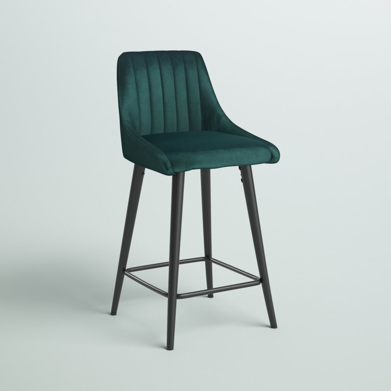 Hallberg Upholstered Velvet Counter Stool with Iron Frame, Malachite Green Velvet