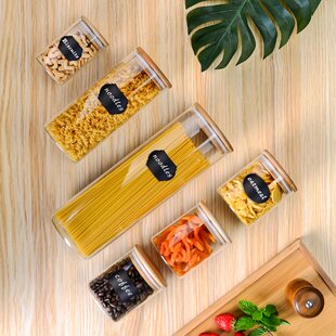 Genicook Glass Food Storage Jars,Spaghetti Pasta Storage Container,Borosilcate Glass Canister Set with Eco-Friendly Bamboo Lids for Noodles Flour