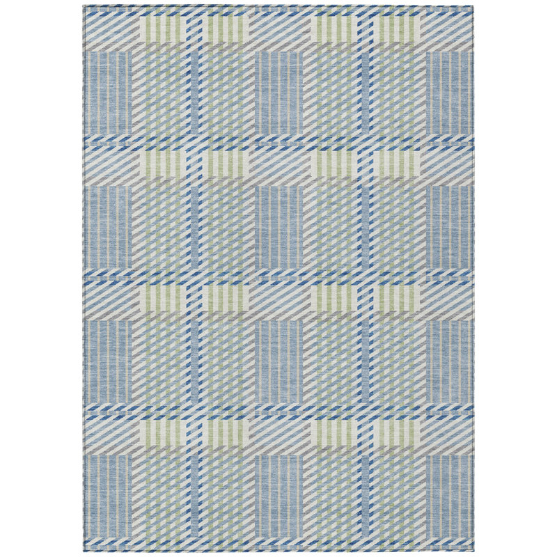 Machine Washable Denim Plaid Rectangular Synthetic Rug