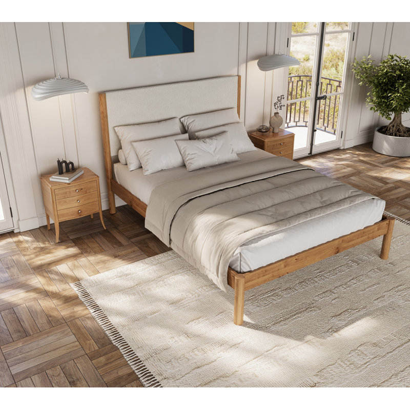 Structure de lit en bois massif Ardin avec tête de lit tapissier crème, Grand lit, Naturel