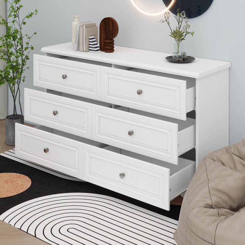 Commode 6 tiroirs en bois de style rétro avec armoire de rangement de style rétro avec poignées en métal, Blanc