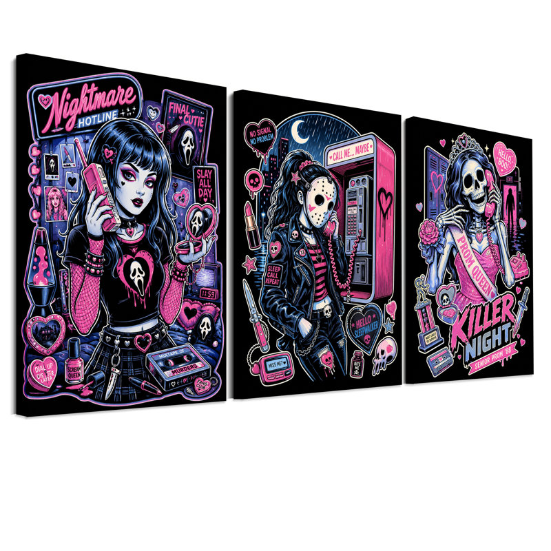 Ensemble de 3 toiles murales pour l'Halloween : Masque de hockey gothique et Reine squelette, 18"H x 12"W x 3pcs