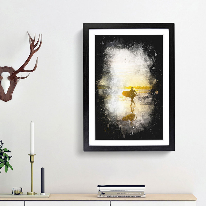 Surfer on a Spanish Beach - Framed Print, 87cm H x 62cm W x 2cm D, Black Framed