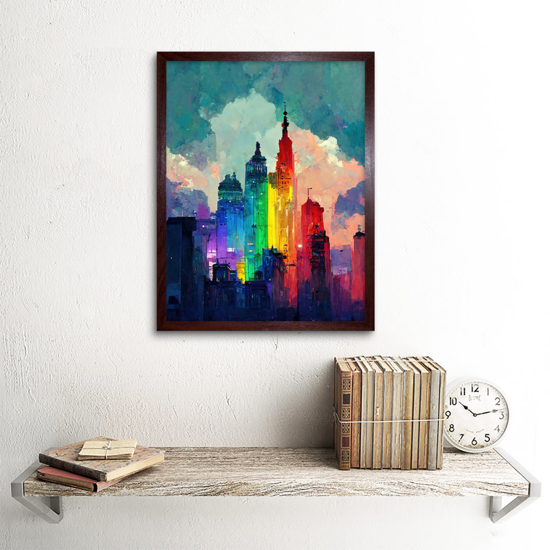 Rainbow Skyscrapers Skyline Cityscape Abstract - Print, 43cm H x 33cm W x 2cm D, Brown Framed Paper