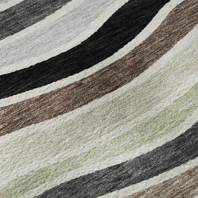 Premium Machine Washable Mayfield AMF2333 Stripes Rug, 8' Round, Black