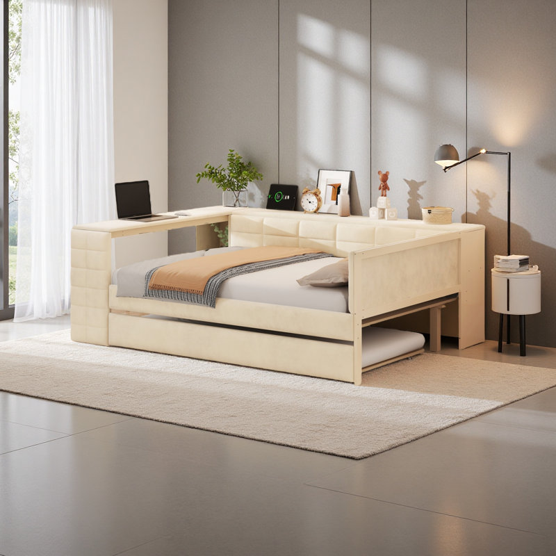 Lit plateforme double tapissier pleine grandeur avec tablettes de rangement, bureau, station de charge et lit gigogne, Beige