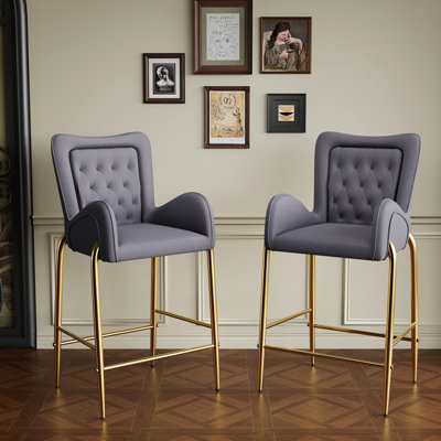 Tabouret de bar de 28,75 po de hauteur de comptoir pour 2 personnes, siège en velours gris, structure et repose-pieds en métal doré, capacité de 265 lb, dossier pour une ambiance détendue, 2 unités, tissu, pieds avec construction,