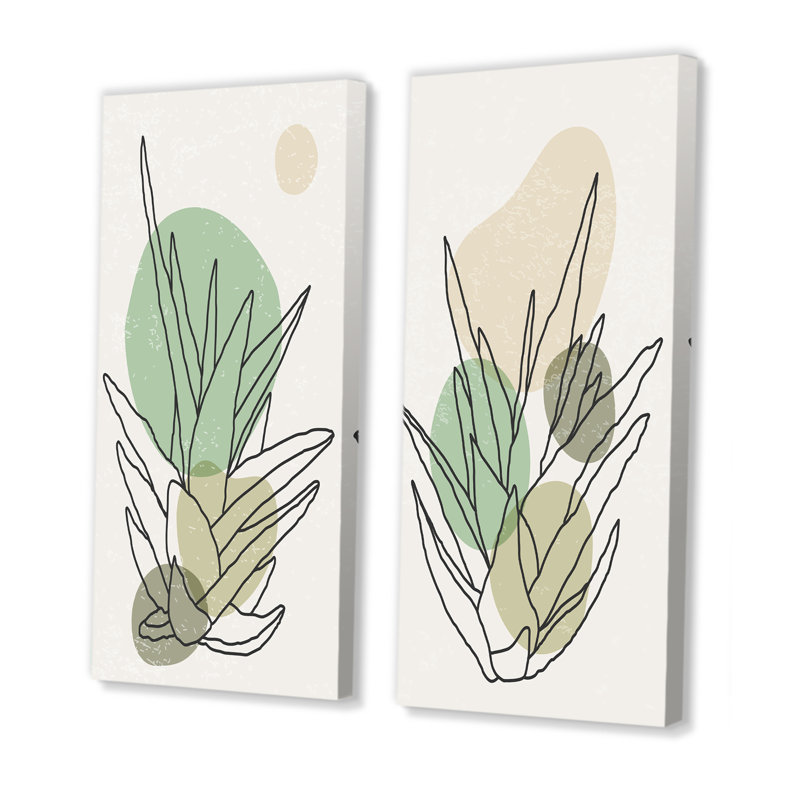 «Green Botanical Branch with Leaves I», ensemble de 2 peintures, Toile tendue, H 20 po x l 24 po x P 1 po