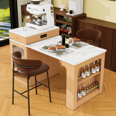 Îlot de cuisine avec table de salle à manger extensible, rangement double-face, prise de courant et tablettes réglables