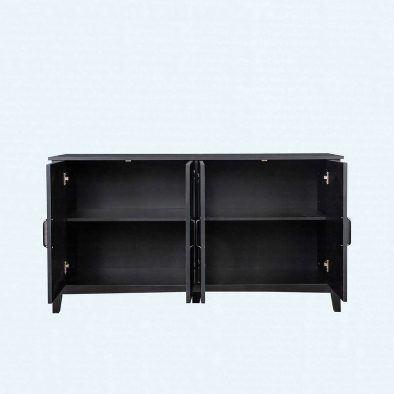 Buffet autoportant 59 "à 4 portes avec 4 tablettes ouvertes, console de rangement pour le vestibule et le salon, Noir