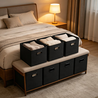 Bacs de rangement pliables en tissu avec poignées, 11 pouces, noir, paquet de 6, bacs de rangement pour étagères, chambre à coucher, chambre de bébé et salon