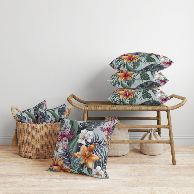 Coussin Rainforest Reverie, Argent / floral multi, H 26 po x l 26 po