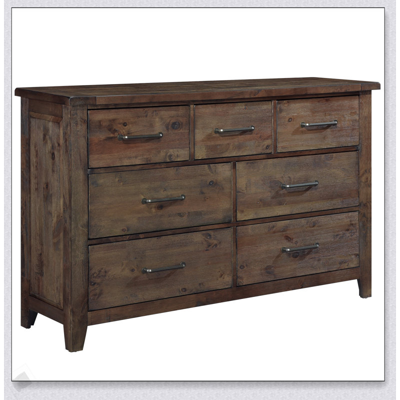 Commode classique à 7 tiroirs bruni classique, bois d'hévéa massif, design transitionnel rustique pour un rangement durable dans la chambre à coucher