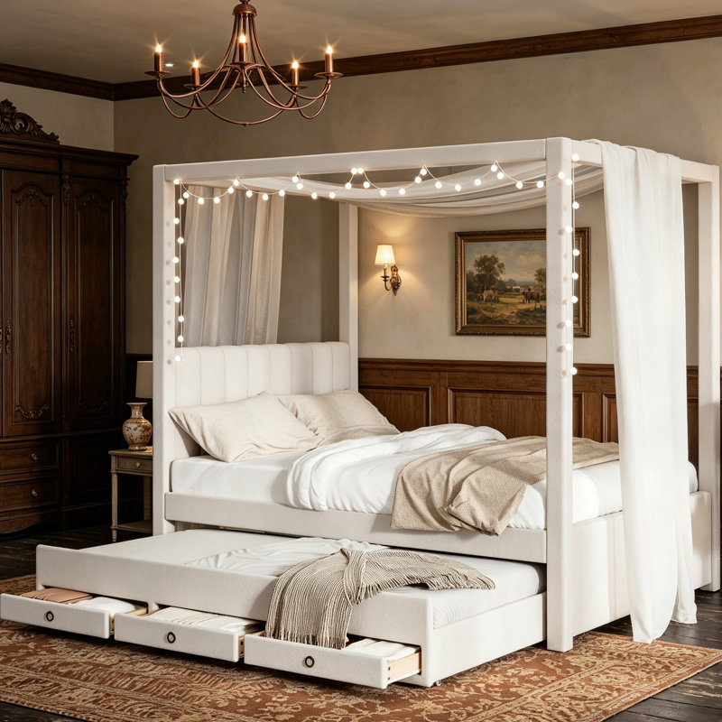 Upholstery Canopy Platform Bed with Trundle and Three Storage Drawers, Beige, Full, Linen