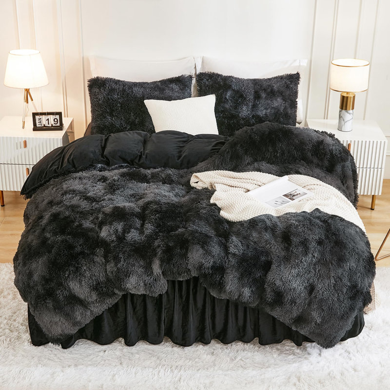 Édredon en fausse fourrure noir gris Andency pour lit grand, 3 pièces de literie moelleuse pelucheuse (1 édredon en velours à poil long et 2 taies d'oreiller), ensemble de literie en duvet moelleux