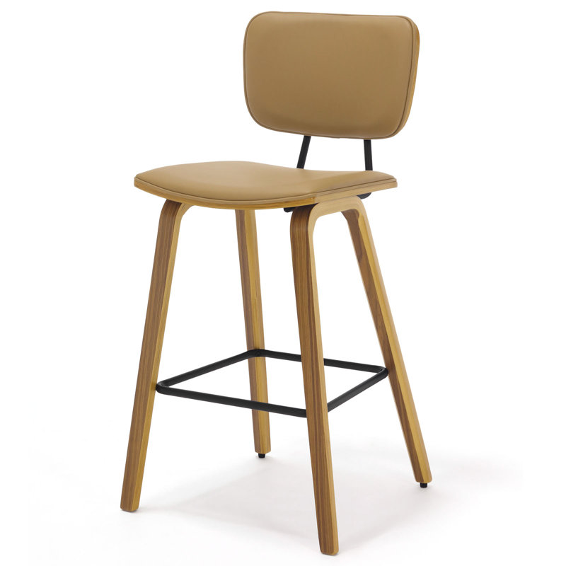Brown PU Leather Upholstered Counter Stools with Bent Wood Legs, Set of 2