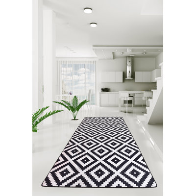 Stylish Hall Carpet, 2.6 x 9.8 ft, Black & White | 100% Polyester, 0.4 in Pile Height | Antibacterial, Non-Slip Underside, Machine Washable | Perfect for Entryways, Living Rooms & Modern Décor