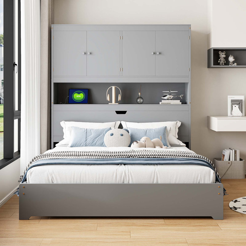 Lit plateforme double en bois avec USB, tête de lit et tiroirs de rangement, gris