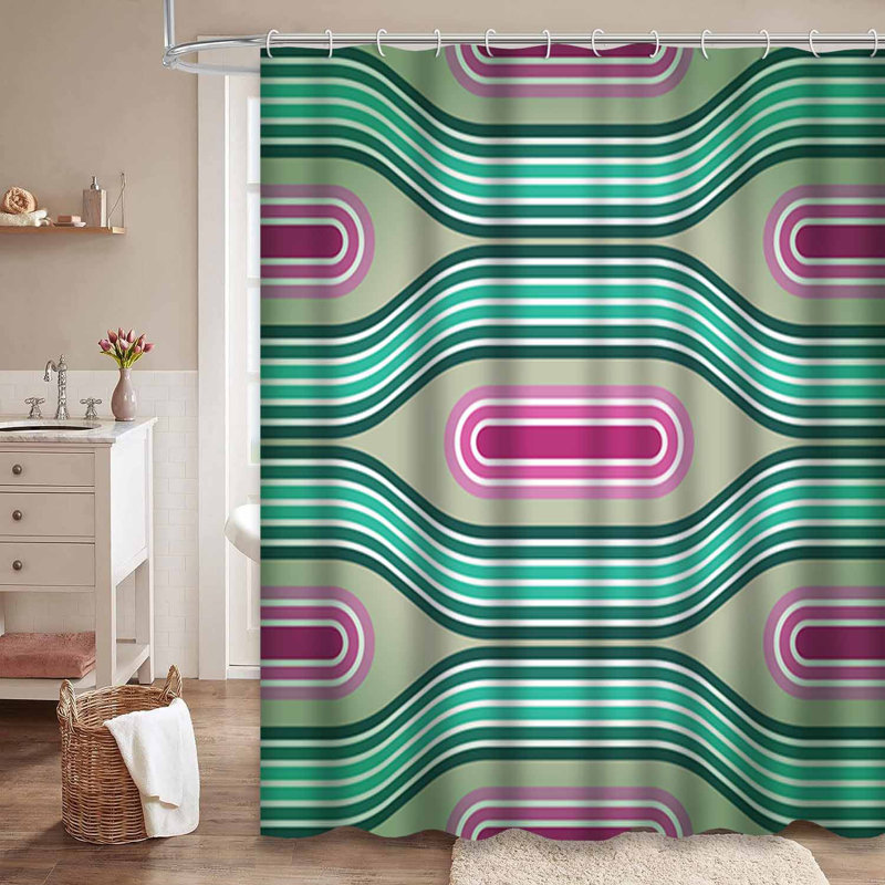 Rideau de douche rétro à motif géométrique rose avec 12 crochets, L 72 po x l 84 po