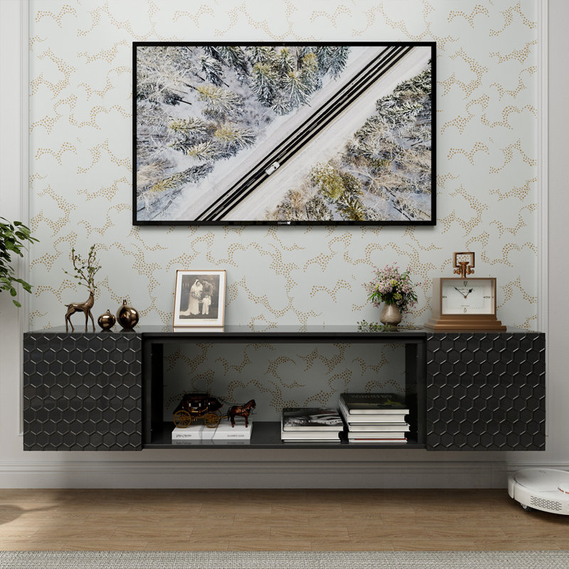Support mural flottant pour téléviseur - Console en bois robuste, capacité de poids élevée et gestion des câbles cachés, style contemporain