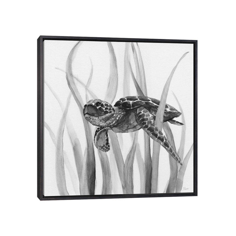 Tortue en ruppie maritime II - noir et blanc II 6 pièces, Cadre flottant noir patiné, H 18 po x l 18 po