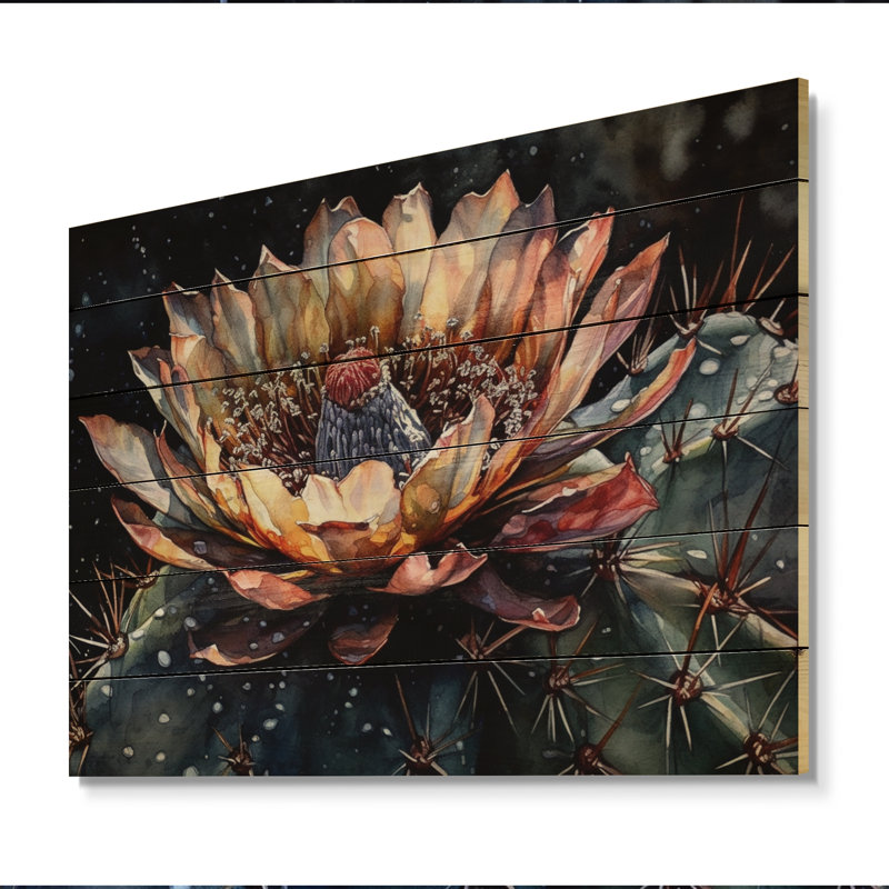 Fleur de cactus brun-vert II sur bois, H 10 po x l 20 po x P 0,78 po