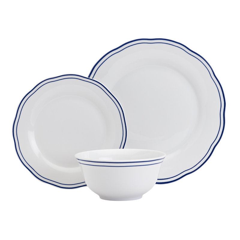 12 Piece White Porcelain Dinnerware Set with Blue Stripes