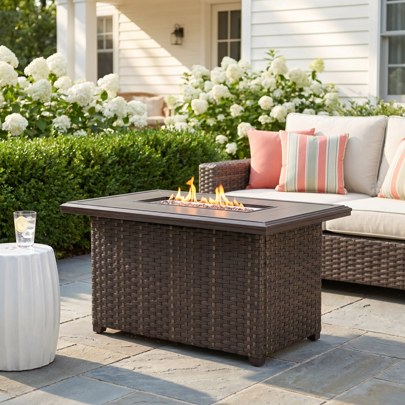47" Outdoor Rectangular Rattan Propane Gas Fire Pit Table With Lid