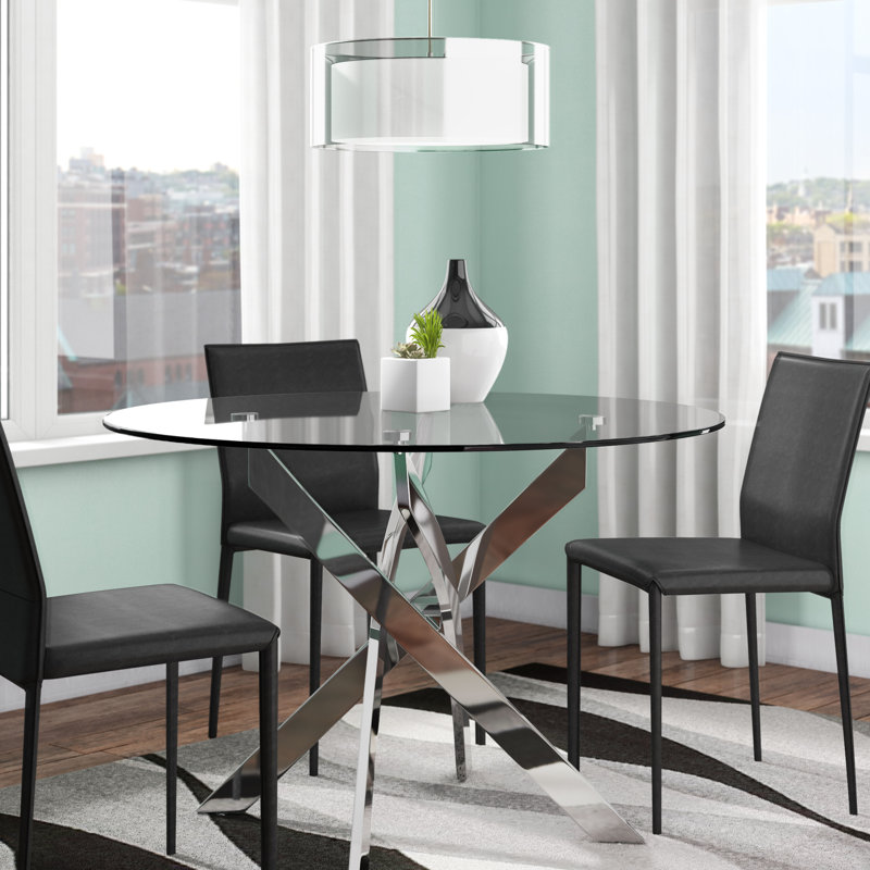 Gupton Round Glass Top Metal Base Dining Table, Silver, 29.5”H x 44"L x 44"W