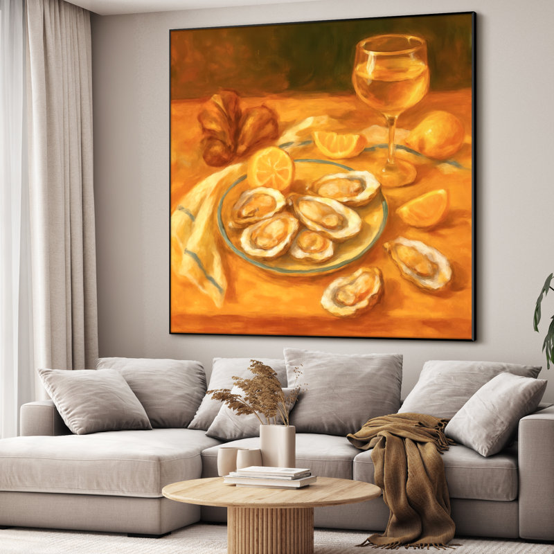 Reproduction d'art extra large avec huître et nature morte de vin, H 36 po x l 36 po