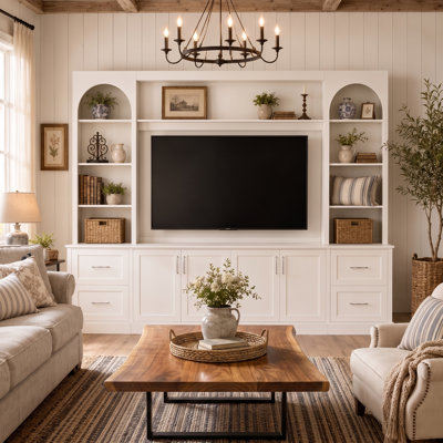 65" Modern Arched Farmhouse TV Stand Entertainment Center Wall Unit w/Drawers Adjustable Shelves Cable Holes All-in-One Multifunctional Living Room TV Console
