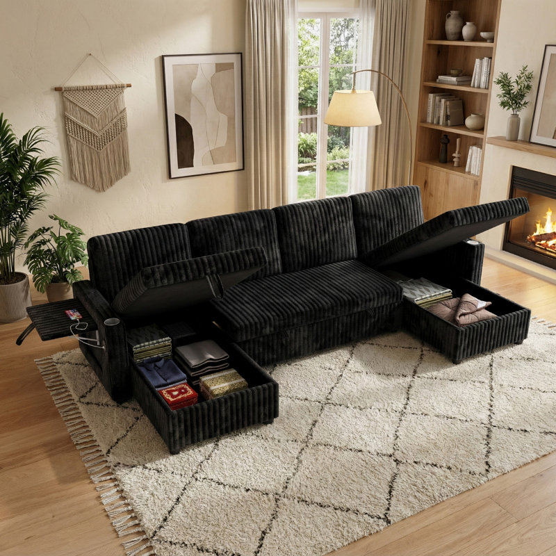 Canapé-lit modulaire en velours côtelé de 110 po en U avec lit escamotable, rangement et ports USB, Velours côtelé noir