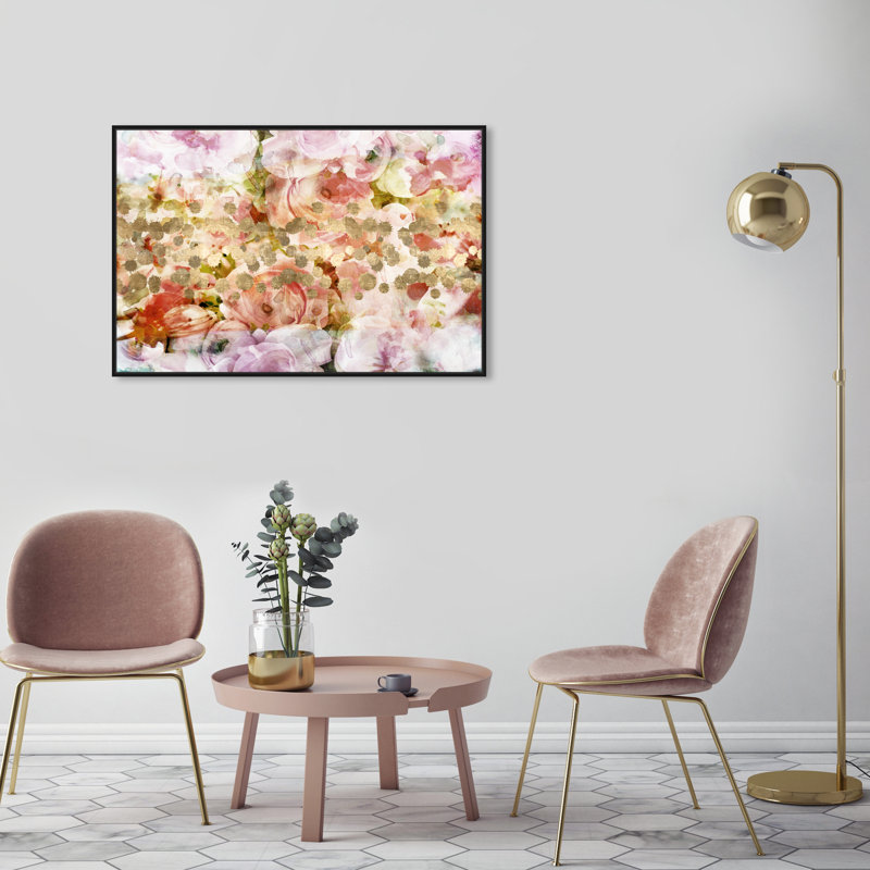 Amant de pivoines, taches de jardin de fleurs - rose moderne - impression sur toile, H 25 po x l 37 po, Cadre en bois noir