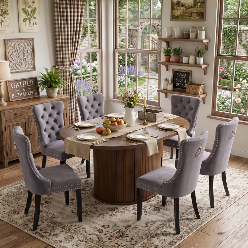 Ensemble 7 pièces de cuisine et salle à manger de ferme avec table à piédestal extensible, rangement fermé et chaises capitonnées