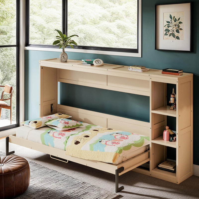Charmant lit simple escamotable avec 3 supports de rangement, lit pliant peu encombrant pour une vie confortable, Brun