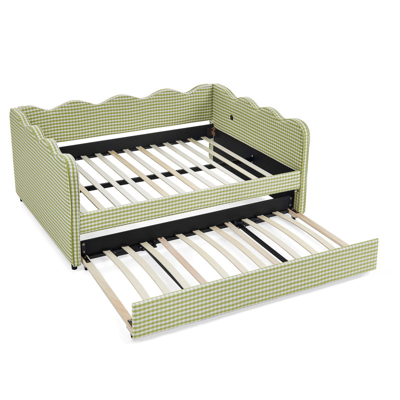 Lit de jour avec couchette sans sommier, avec port USB et adorable tissu en forme de vague, Vert