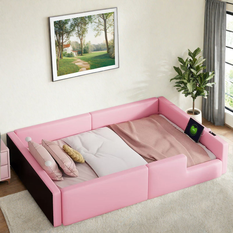 Upholstered Platform Bed With Guardrail And Charging Station