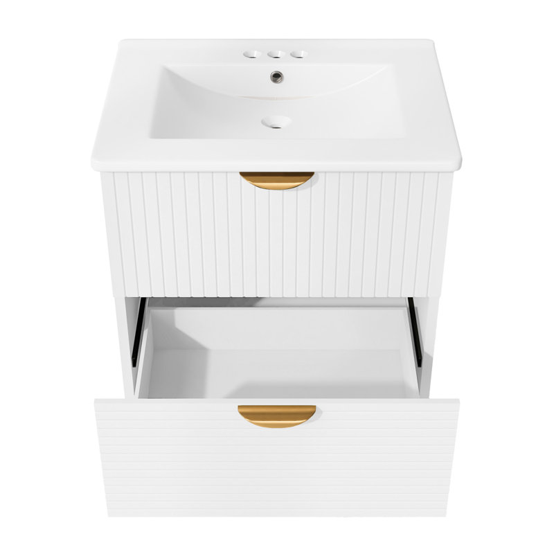Meuble-lavabo mural moderne de 24 pouces avec 2 tiroirs, idéal pour les petites salles de bain, Blanc