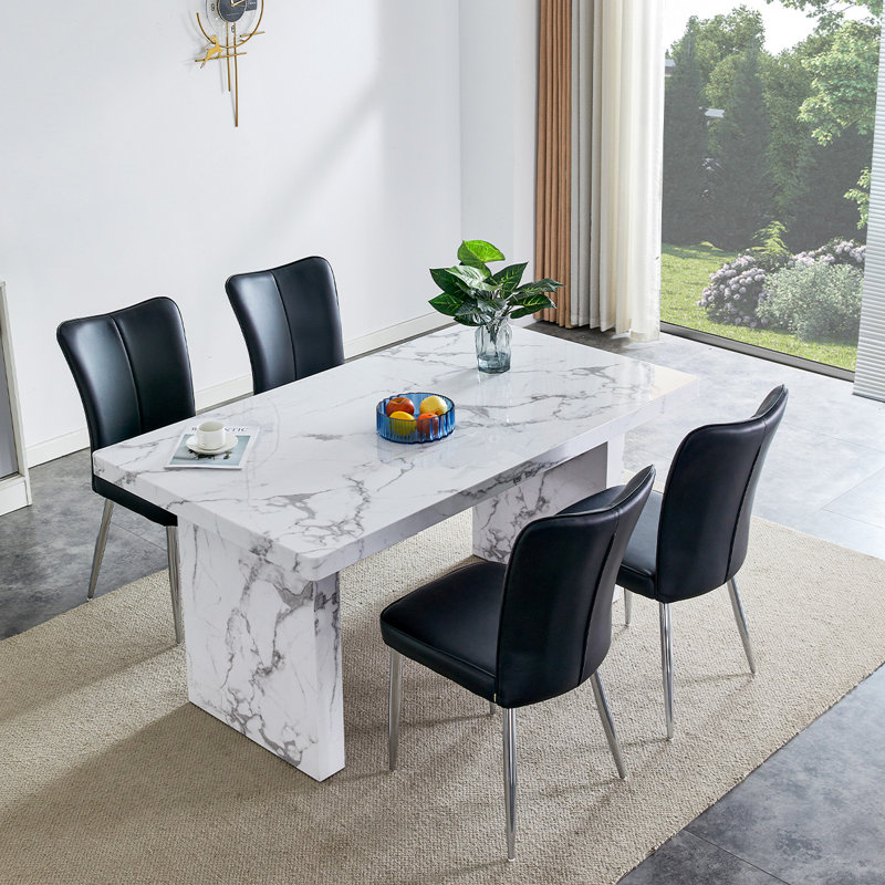 Dining Table Set, Marble Dining Table Set For 4, 63" White Marble Pattern MDF Tabletop And Legs, 4 PU Leather Kitchen Chairs With Chrome Plated Metal Legs For Kitchen.