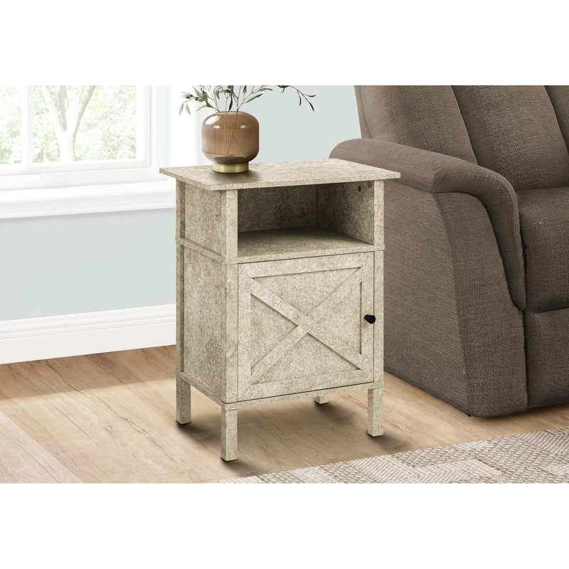 Table d'appoint, stratifié couleur pierre crème, style transitionnel, idéale pour les petits salons, offrant des espaces de rangement et d'organisation.